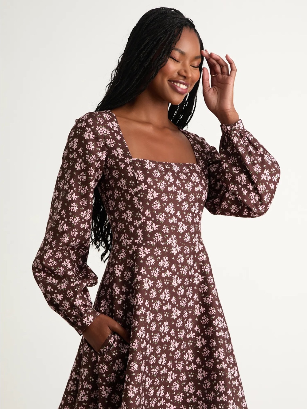 Lulu's Brown Floral Square-Neck Long Sleeve Midi Dress